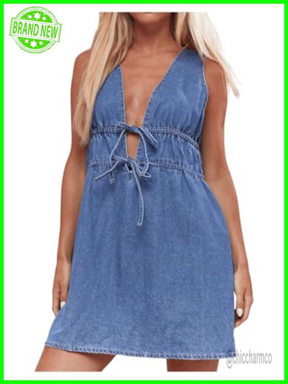Deep V Neck Tie Bow Sleeveless Denim Mini Dress Summer Jean Tank Dress